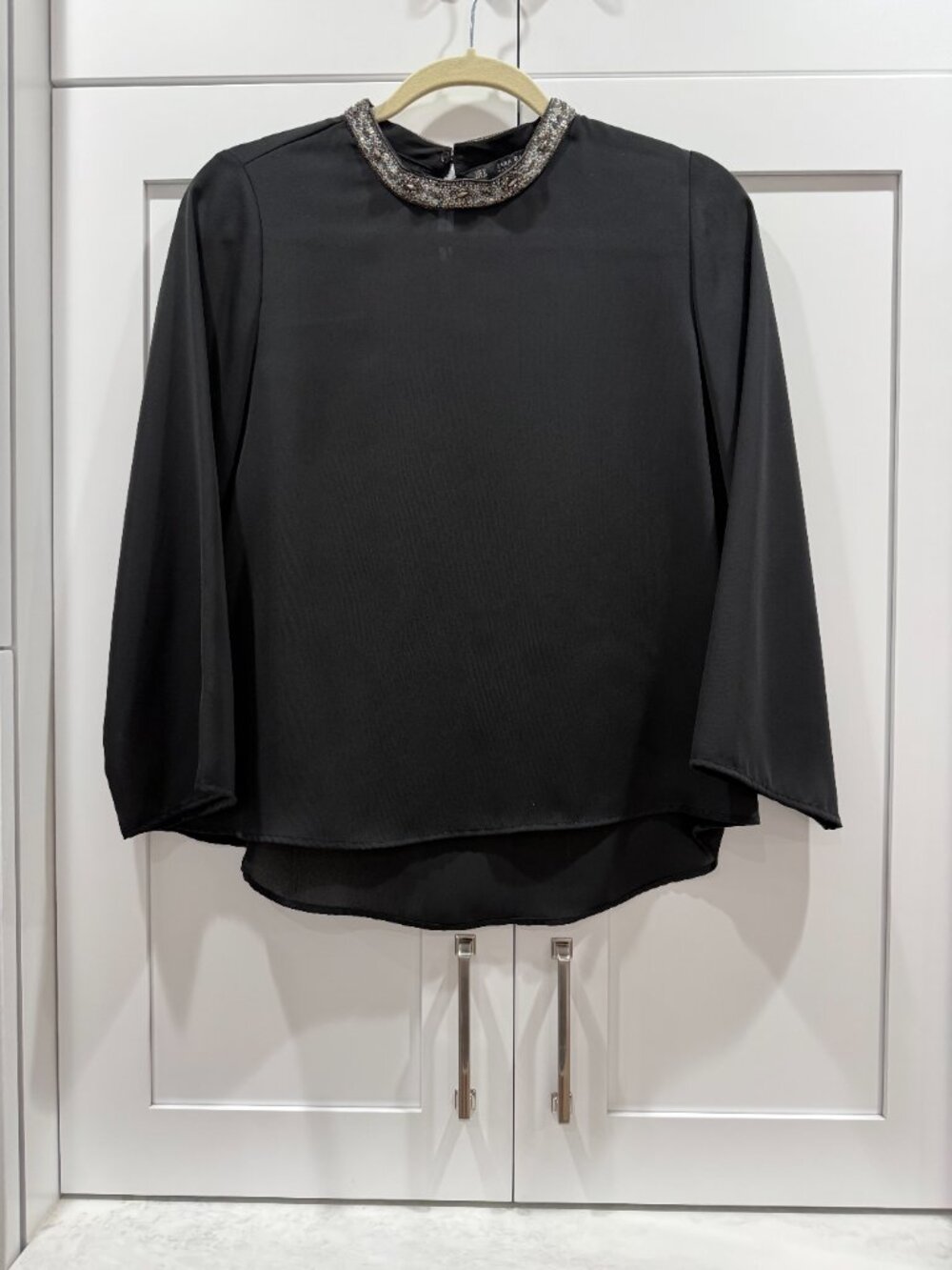 ZARA Black Top with Embellished Beaded Collar
